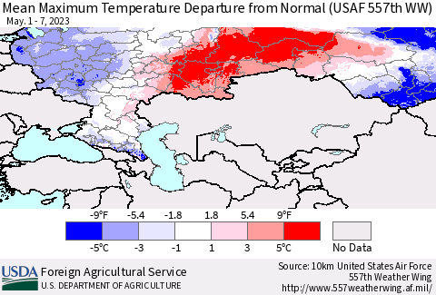 Russian Federation Mean Maximum Temperature Departure from Normal (USAF 557th WW) Thematic Map For 5/1/2023 - 5/7/2023