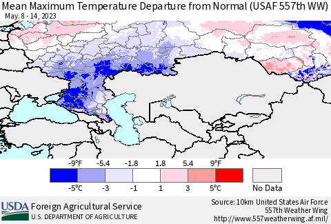 Russian Federation Mean Maximum Temperature Departure from Normal (USAF 557th WW) Thematic Map For 5/8/2023 - 5/14/2023