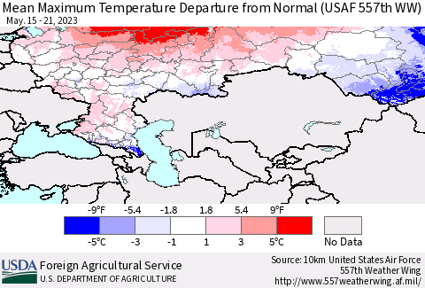 Russian Federation Mean Maximum Temperature Departure from Normal (USAF 557th WW) Thematic Map For 5/15/2023 - 5/21/2023