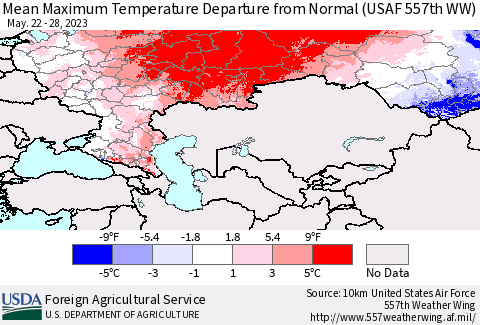 Russian Federation Mean Maximum Temperature Departure from Normal (USAF 557th WW) Thematic Map For 5/22/2023 - 5/28/2023
