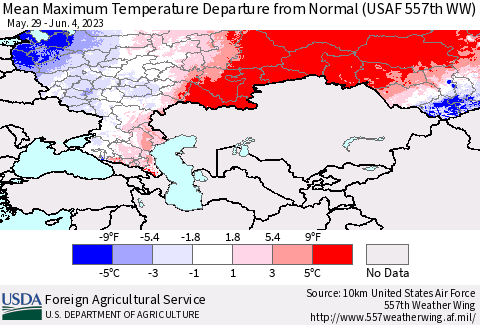 Russian Federation Mean Maximum Temperature Departure from Normal (USAF 557th WW) Thematic Map For 5/29/2023 - 6/4/2023
