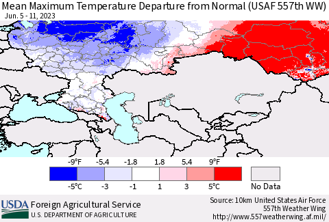 Russian Federation Mean Maximum Temperature Departure from Normal (USAF 557th WW) Thematic Map For 6/5/2023 - 6/11/2023