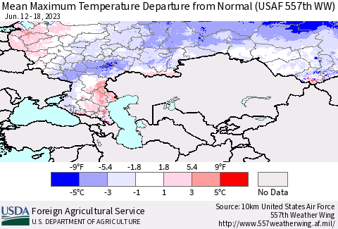 Russian Federation Mean Maximum Temperature Departure from Normal (USAF 557th WW) Thematic Map For 6/12/2023 - 6/18/2023