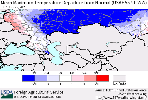 Russian Federation Mean Maximum Temperature Departure from Normal (USAF 557th WW) Thematic Map For 6/19/2023 - 6/25/2023