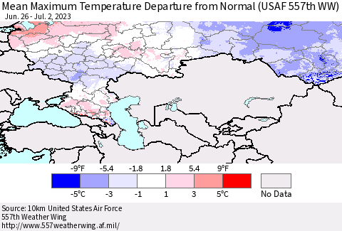 Russian Federation Mean Maximum Temperature Departure from Normal (USAF 557th WW) Thematic Map For 6/26/2023 - 7/2/2023