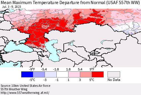 Russian Federation Mean Maximum Temperature Departure from Normal (USAF 557th WW) Thematic Map For 7/3/2023 - 7/9/2023