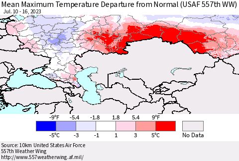 Russian Federation Mean Maximum Temperature Departure from Normal (USAF 557th WW) Thematic Map For 7/10/2023 - 7/16/2023