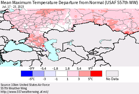 Russian Federation Mean Maximum Temperature Departure from Normal (USAF 557th WW) Thematic Map For 7/17/2023 - 7/23/2023