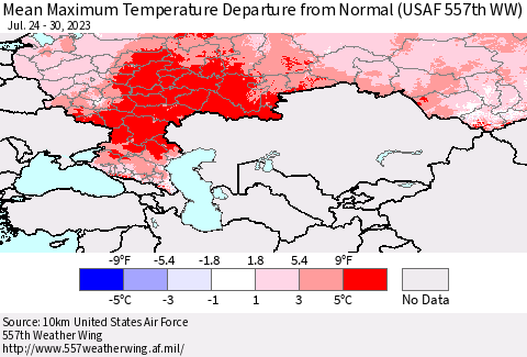 Russian Federation Mean Maximum Temperature Departure from Normal (USAF 557th WW) Thematic Map For 7/24/2023 - 7/30/2023