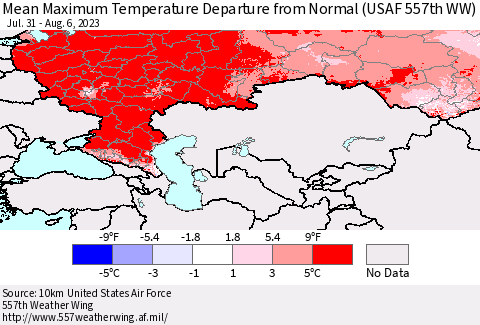 Russian Federation Mean Maximum Temperature Departure from Normal (USAF 557th WW) Thematic Map For 7/31/2023 - 8/6/2023