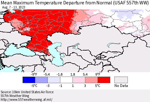 Russian Federation Mean Maximum Temperature Departure from Normal (USAF 557th WW) Thematic Map For 8/7/2023 - 8/13/2023