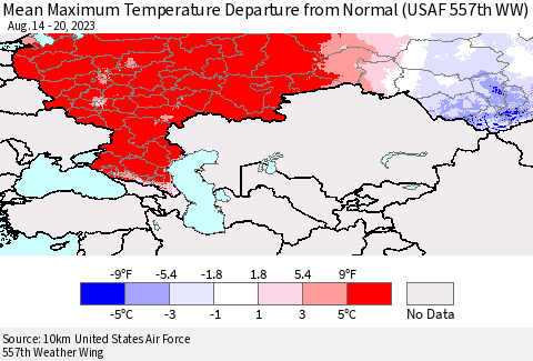 Russian Federation Mean Maximum Temperature Departure from Normal (USAF 557th WW) Thematic Map For 8/14/2023 - 8/20/2023