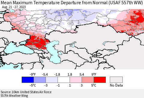 Russian Federation Mean Maximum Temperature Departure from Normal (USAF 557th WW) Thematic Map For 8/21/2023 - 8/27/2023