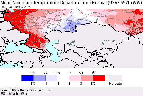 Russian Federation Mean Maximum Temperature Departure from Normal (USAF 557th WW) Thematic Map For 8/28/2023 - 9/3/2023