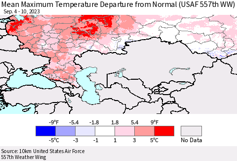 Russian Federation Mean Maximum Temperature Departure from Normal (USAF 557th WW) Thematic Map For 9/4/2023 - 9/10/2023