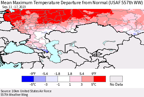 Russian Federation Mean Maximum Temperature Departure from Normal (USAF 557th WW) Thematic Map For 9/11/2023 - 9/17/2023