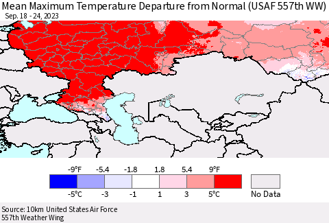 Russian Federation Mean Maximum Temperature Departure from Normal (USAF 557th WW) Thematic Map For 9/18/2023 - 9/24/2023