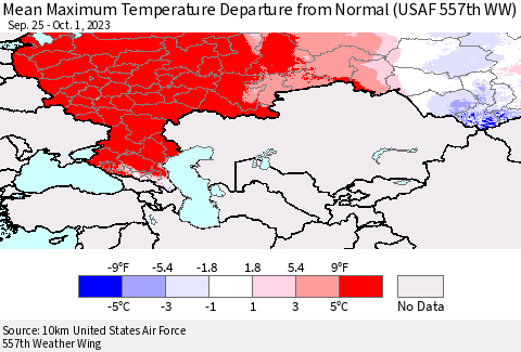 Russian Federation Mean Maximum Temperature Departure from Normal (USAF 557th WW) Thematic Map For 9/25/2023 - 10/1/2023