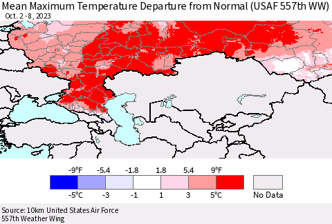 Russian Federation Mean Maximum Temperature Departure from Normal (USAF 557th WW) Thematic Map For 10/2/2023 - 10/8/2023