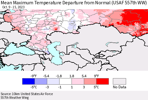 Russian Federation Mean Maximum Temperature Departure from Normal (USAF 557th WW) Thematic Map For 10/9/2023 - 10/15/2023