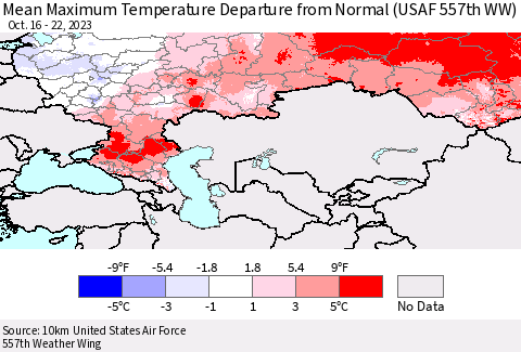Russian Federation Mean Maximum Temperature Departure from Normal (USAF 557th WW) Thematic Map For 10/16/2023 - 10/22/2023