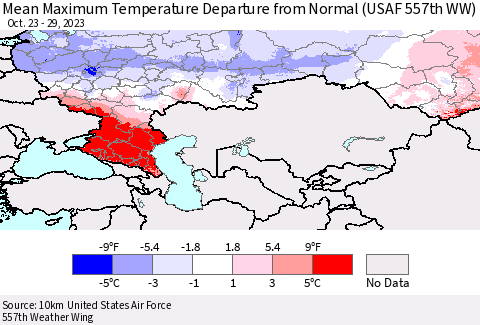 Russian Federation Mean Maximum Temperature Departure from Normal (USAF 557th WW) Thematic Map For 10/23/2023 - 10/29/2023
