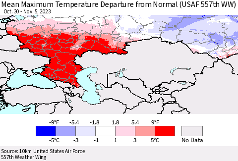 Russian Federation Mean Maximum Temperature Departure from Normal (USAF 557th WW) Thematic Map For 10/30/2023 - 11/5/2023