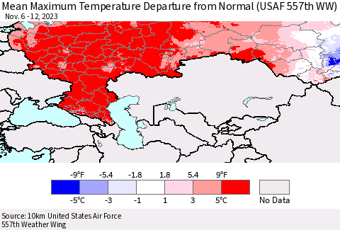 Russian Federation Mean Maximum Temperature Departure from Normal (USAF 557th WW) Thematic Map For 11/6/2023 - 11/12/2023
