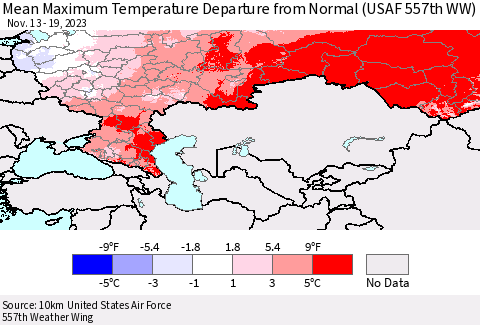Russian Federation Mean Maximum Temperature Departure from Normal (USAF 557th WW) Thematic Map For 11/13/2023 - 11/19/2023