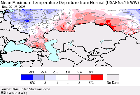 Russian Federation Mean Maximum Temperature Departure from Normal (USAF 557th WW) Thematic Map For 11/20/2023 - 11/26/2023