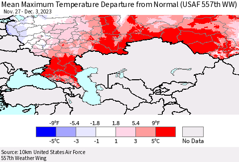 Russian Federation Mean Maximum Temperature Departure from Normal (USAF 557th WW) Thematic Map For 11/27/2023 - 12/3/2023