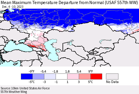 Russian Federation Mean Maximum Temperature Departure from Normal (USAF 557th WW) Thematic Map For 12/4/2023 - 12/10/2023