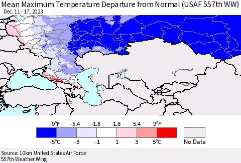 Russian Federation Mean Maximum Temperature Departure from Normal (USAF 557th WW) Thematic Map For 12/11/2023 - 12/17/2023