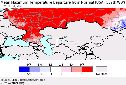 Russian Federation Mean Maximum Temperature Departure from Normal (USAF 557th WW) Thematic Map For 12/18/2023 - 12/24/2023