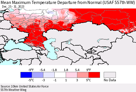 Russian Federation Mean Maximum Temperature Departure from Normal (USAF 557th WW) Thematic Map For 12/25/2023 - 12/31/2023
