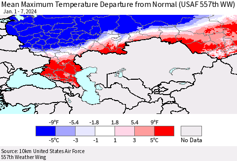 Russian Federation Mean Maximum Temperature Departure from Normal (USAF 557th WW) Thematic Map For 1/1/2024 - 1/7/2024