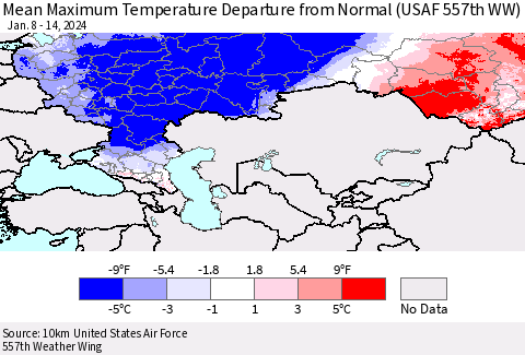 Russian Federation Mean Maximum Temperature Departure from Normal (USAF 557th WW) Thematic Map For 1/8/2024 - 1/14/2024