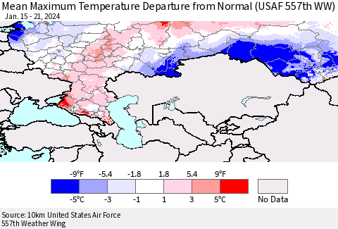 Russian Federation Mean Maximum Temperature Departure from Normal (USAF 557th WW) Thematic Map For 1/15/2024 - 1/21/2024