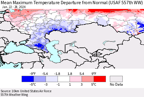 Russian Federation Mean Maximum Temperature Departure from Normal (USAF 557th WW) Thematic Map For 1/22/2024 - 1/28/2024