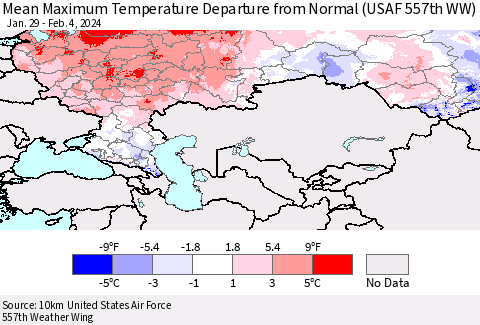 Russian Federation Mean Maximum Temperature Departure from Normal (USAF 557th WW) Thematic Map For 1/29/2024 - 2/4/2024