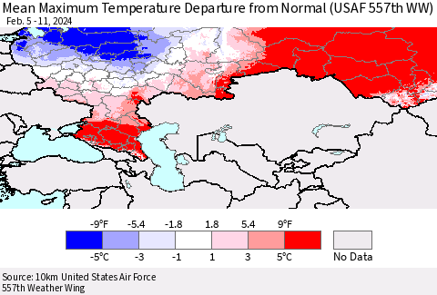 Russian Federation Mean Maximum Temperature Departure from Normal (USAF 557th WW) Thematic Map For 2/5/2024 - 2/11/2024