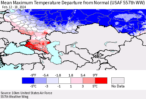 Russian Federation Mean Maximum Temperature Departure from Normal (USAF 557th WW) Thematic Map For 2/12/2024 - 2/18/2024
