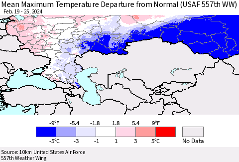 Russian Federation Mean Maximum Temperature Departure from Normal (USAF 557th WW) Thematic Map For 2/19/2024 - 2/25/2024