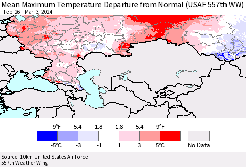 Russian Federation Mean Maximum Temperature Departure from Normal (USAF 557th WW) Thematic Map For 2/26/2024 - 3/3/2024
