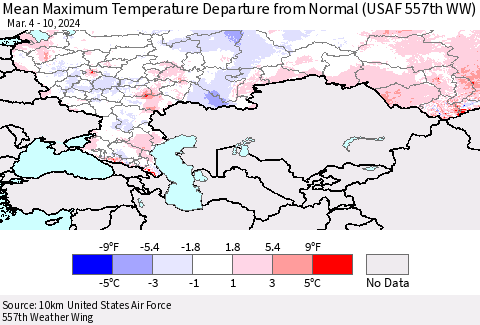 Russian Federation Mean Maximum Temperature Departure from Normal (USAF 557th WW) Thematic Map For 3/4/2024 - 3/10/2024