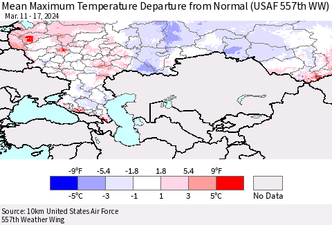 Russian Federation Mean Maximum Temperature Departure from Normal (USAF 557th WW) Thematic Map For 3/11/2024 - 3/17/2024