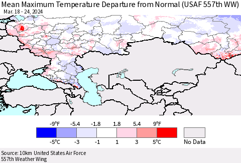 Russian Federation Mean Maximum Temperature Departure from Normal (USAF 557th WW) Thematic Map For 3/18/2024 - 3/24/2024