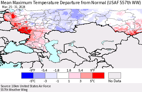Russian Federation Mean Maximum Temperature Departure from Normal (USAF 557th WW) Thematic Map For 3/25/2024 - 3/31/2024