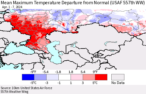 Russian Federation Mean Maximum Temperature Departure from Normal (USAF 557th WW) Thematic Map For 4/1/2024 - 4/7/2024