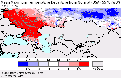 Russian Federation Mean Maximum Temperature Departure from Normal (USAF 557th WW) Thematic Map For 4/8/2024 - 4/14/2024